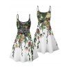 Robe de vacances transparente à empiècements en dentelle et motif floral et feuilles, bretelles spaghetti, col en V, coupe trapèze, mini-robe débardeur - Bleu clair XXXL | US 16