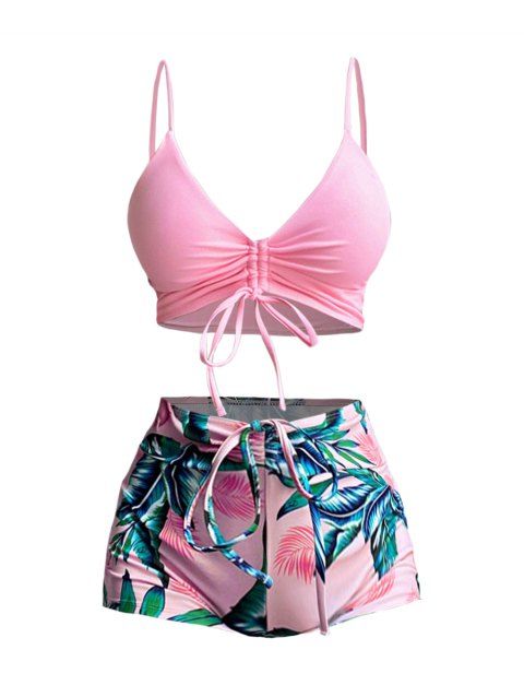 Maillot de Bain Tankini Feuille Tropicale à Bretelle Fine en Couleur Unie avec Nœud Papillon Deux Pièces