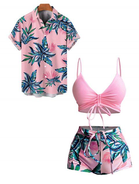 Hawaii Couple Outfit Solid Color Cinched Swim Top Tropical Plant Leaf Pattern Bowknot Boyshorts Tankini Set and Roll Up Sleeve Shirt Vacation Outfit