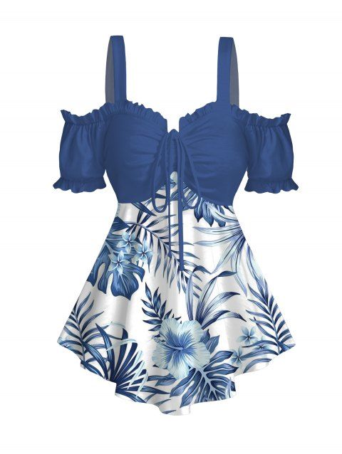 T-shirt de vacances à volants et épaules dénudées, motif floral et feuilles d'hibiscus, nœud papillon, ourlet volanté, manches courtes, décontracté