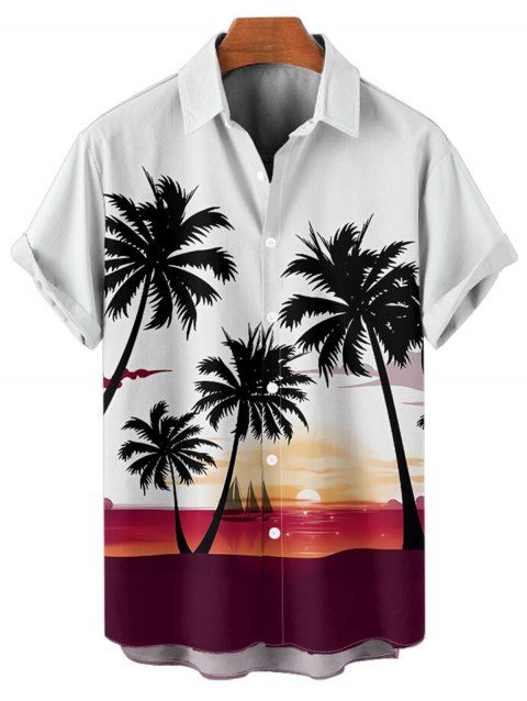 Chemise de vacances à manches courtes et boutons pour homme, motif cocotier et coucher de soleil, décontractée