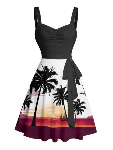 Coconut Tree Sunset Pattern Vacation Dress Ruched Bust Sweetheart Neck Belt A Line Mini Dress