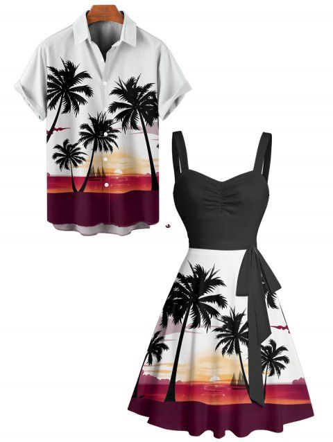 Vacation Couple Outfit Coconut Tree Sunset Pattern Ruched Bust Belt Dress and Roll Up Sleeve Shirt Matching Outfit
