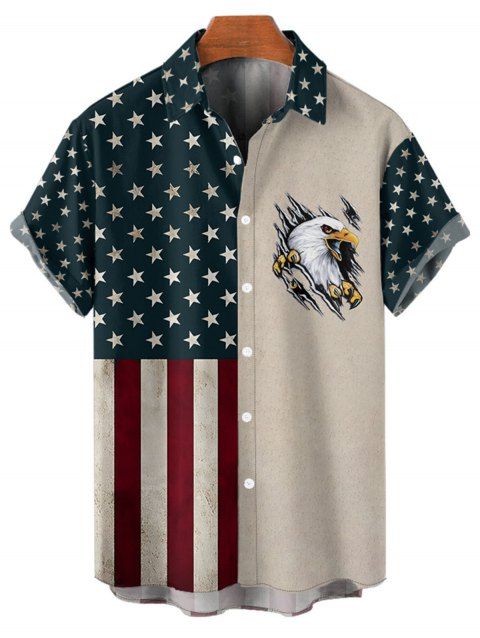 Chemise homme à rayures étoilées et motif aigle pour le jour de l'indépendance, avec éléments du drapeau américain, à manches courtes et boutons retroussables, style patriotique