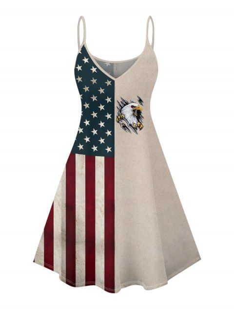 Robe de fête de l'indépendance avec éléments du drapeau américain, motif étoile, rayures, aigle, bretelles spaghetti, col en V, coupe trapèze, mini-robe débardeur patriotique