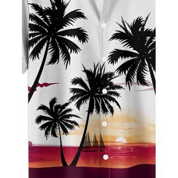 Men's Coconut Tree Sunset Pattern Vacation Shirt Roll Up Short Sleeve Button Up Casual Shirt