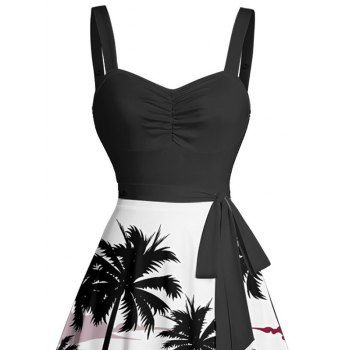 Coconut Tree Sunset Pattern Vacation Dress Ruched Bust Sweetheart Neck Belt A Line Mini Dress