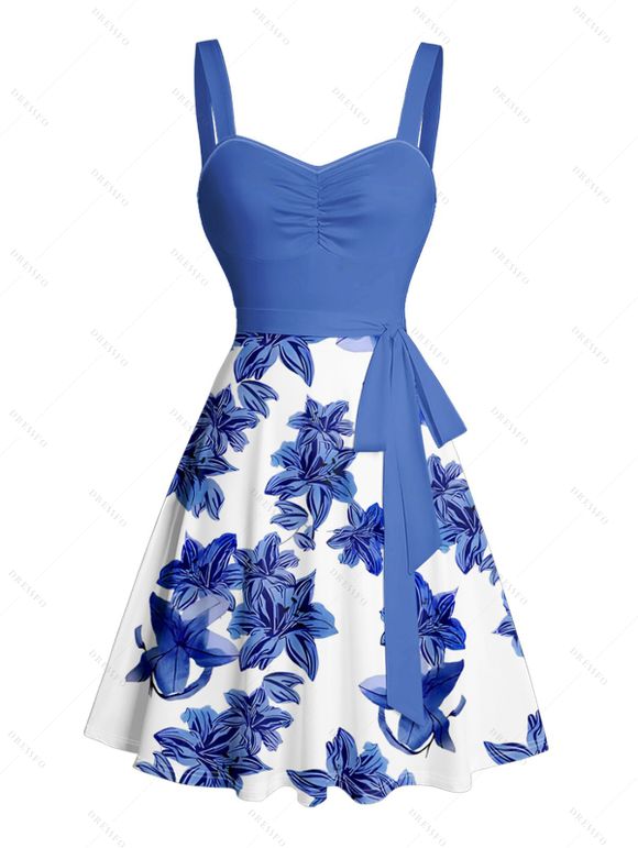 Robe de vacances à motif floral, buste froncé, col en cœur, ceinture, mini-robe trapèze - Bleu S | US 4