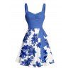 Robe de vacances à motif floral, buste froncé, col en cœur, ceinture, mini-robe trapèze - Bleu S | US 4
