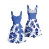 Robe de vacances à motif floral, buste froncé, col en cœur, ceinture, mini-robe trapèze - Bleu S | US 4