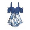 T-shirt de vacances à volants et épaules dénudées, motif floral et feuilles d'hibiscus, nœud papillon, ourlet volanté, manches courtes, décontracté - Bleu profond M | US 6