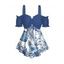T-shirt de vacances à volants et épaules dénudées, motif floral et feuilles d'hibiscus, nœud papillon, ourlet volanté, manches courtes, décontracté - Bleu profond M | US 6