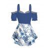 Casual Women Outfit Hibiscus Floral Leaf Pattern Ruffle Off The Shoulder Bowknot Tee and Solid Color Capri Leggings Two Piece Set - DEEP BLUE S | US 4