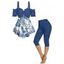 Casual Women Outfit Hibiscus Floral Leaf Pattern Ruffle Off The Shoulder Bowknot Tee and Solid Color Capri Leggings Two Piece Set - DEEP BLUE S | US 4