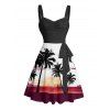 Robe de vacances à motif cocotier et coucher de soleil, buste froncé, décolleté en cœur, ceinture, mini-robe trapèze - multicolor XXXXXL | US 20