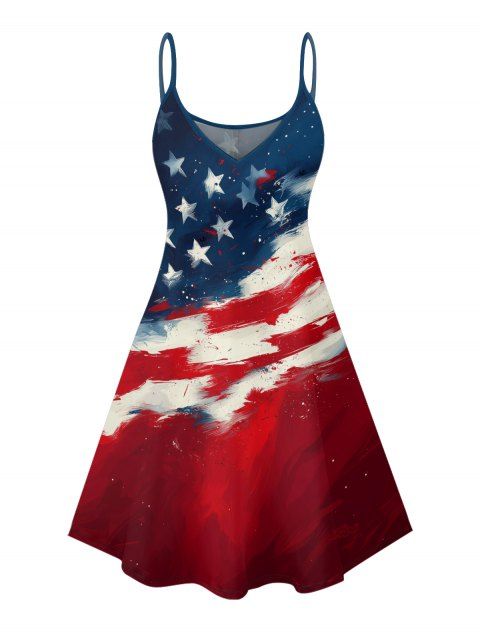 Robe de fête de l'indépendance à rayures étoilées et éléments du drapeau américain, mini-robe patriotique à bretelles spaghetti et col en V