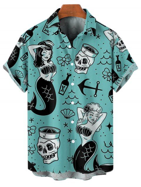 Chemise de vacances à manches courtes et boutons pour homme, motif tête de mort sirène et nœud papillon