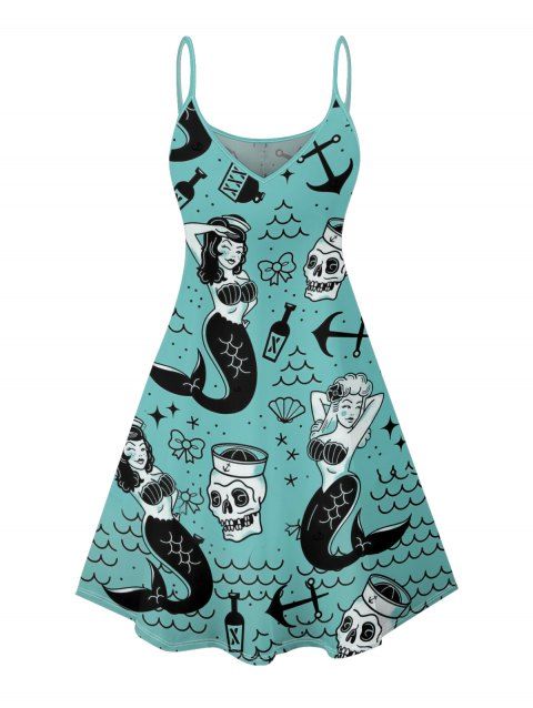 Robe de vacances sirène à motif de crânes et nœud papillon, bretelles spaghetti, col en V, coupe trapèze, mini-robe de plage