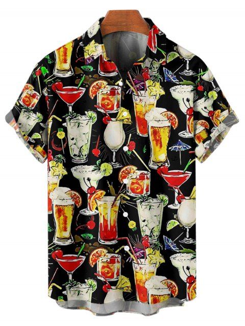 Chemise de soirée boutonnée à manches courtes et revers pour homme, motif verre à cocktail