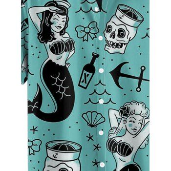 Men's Mermaid Skulls Bowknot Pattern Vacation Shirt Roll Up Short Sleeve Button Up Beach Shirt