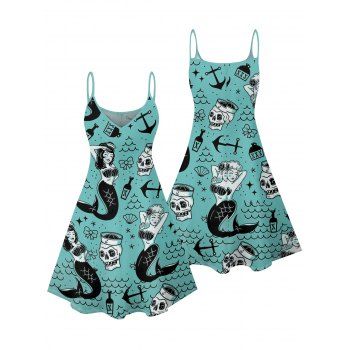Mermaid Skulls Bowknot Pattern Vacation Dress Spaghetti Strap V Neck A Line Mini Beach Tank Dress