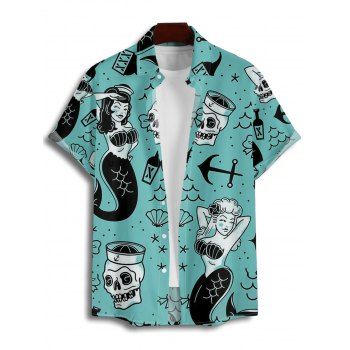 Vacation Couple Outfit Mermaid Skulls Bowknot Pattern Spaghetti Strap Tank Dress and Roll Up Sleeve Shirt Beach Matching Outfit