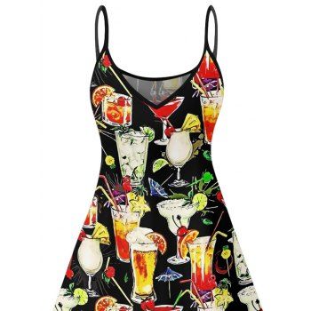 Allover Cocktail Glass Pattern Party Dress Spaghetti Strap V Neck A Line Mini Vacation Tank Dress