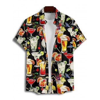Vacation Party Couple Outfit Allover Cocktail Glass Pattern Spaghetti Strap Dress and Roll Up Sleeve Shirt Matching Outfit