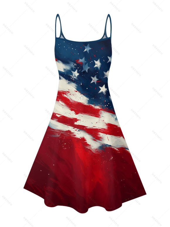 Robe de fête de l'indépendance à rayures étoilées et éléments du drapeau américain, robe mini-débardeur patriotique à bretelles spaghetti et col en V - multicolor XL | US 12