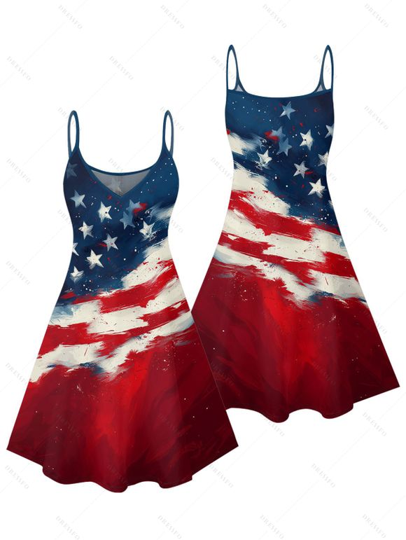 Robe de fête de l'indépendance à rayures étoilées et éléments du drapeau américain, robe mini-débardeur patriotique à bretelles spaghetti et col en V - multicolor XL | US 12