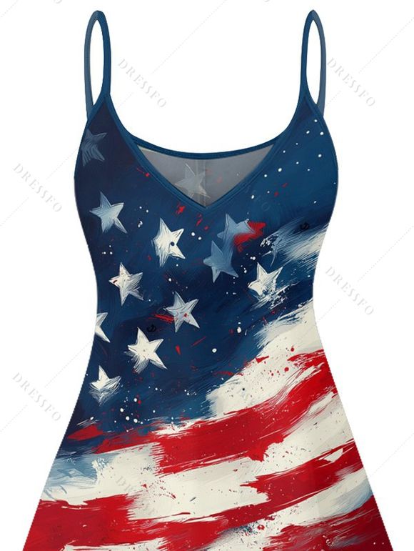 Robe de fête de l'indépendance à rayures étoilées et éléments du drapeau américain, robe mini-débardeur patriotique à bretelles spaghetti et col en V - multicolor XL | US 12