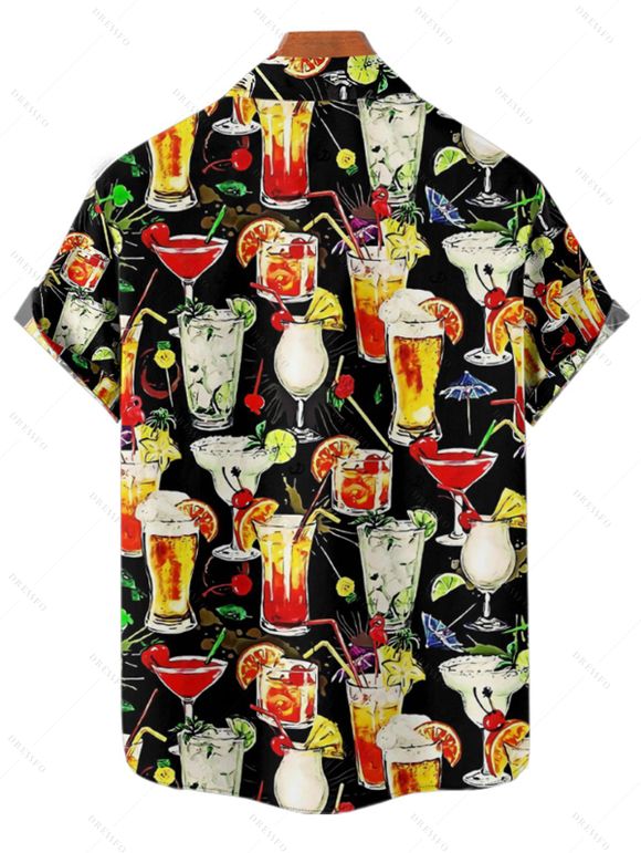 Chemise de soirée boutonnée à manches courtes et revers pour homme, motif verre à cocktail - multicolor M