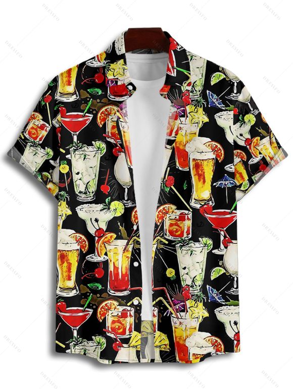 Chemise de soirée boutonnée à manches courtes et revers pour homme, motif verre à cocktail - multicolor M