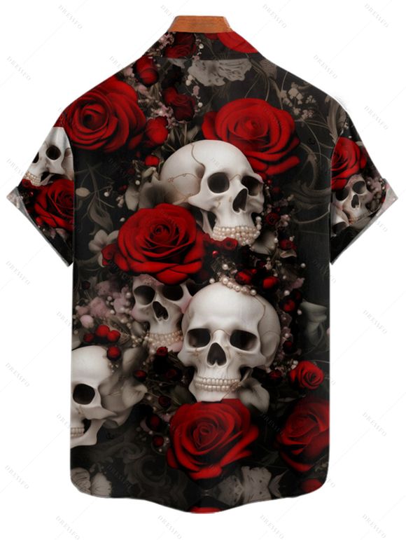 Gothic Couple Outfit Allover Skulls Rose Print Spaghetti Strap A Line Mini Tank Dress and Roll Up Sleeve Shirt Matching Outfit - Noir S | US 4