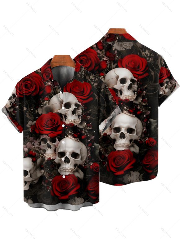 Gothic Couple Outfit Allover Skulls Rose Print Spaghetti Strap A Line Mini Tank Dress and Roll Up Sleeve Shirt Matching Outfit - Noir S | US 4