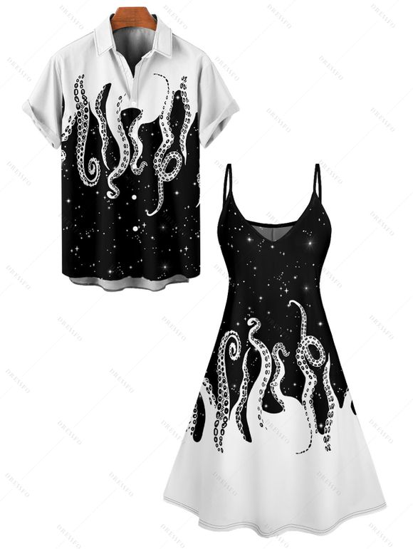 Contrast Octopus Galaxy Print V Neck Spaghetti Strap Mini Dress And Short Sleeve Shirt Matching Outfit - Noir S | US 4