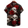 Chemise Décontractée Gothique Rose Crâne Imprimés à Manches Roulées pour Homme - Noir XL