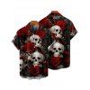 Chemise Décontractée Gothique Rose Crâne Imprimés à Manches Roulées pour Homme - Noir 4XL