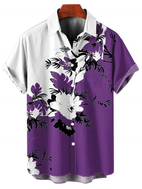 Chemise de vacances à motif floral et feuilles pour homme, couleur contrastée, à manches courtes retroussables et boutonnée, décontractée