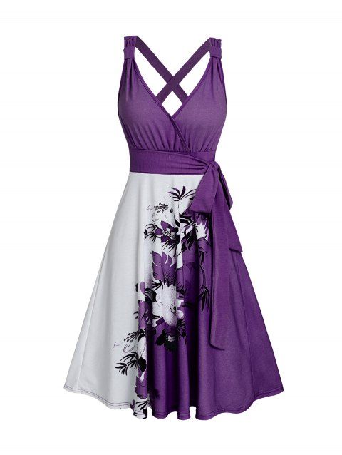 Robe de vacances décontractée à col en V et motif floral et feuilles contrastées, taille haute, coupe trapèze, ceinture