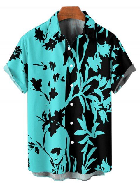 Men's Colorblock Leaf Pattern Vacation Shirt Roll Up Short Sleeve Button Up Casual Shirt