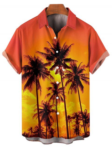 Chemise de vacances à manches courtes et boutons pour homme, motif palmiers au coucher du soleil