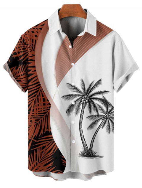 Chemise de vacances à manches courtes et imprimé feuilles de cocotier, chemise boutonnée de couleur contrastée