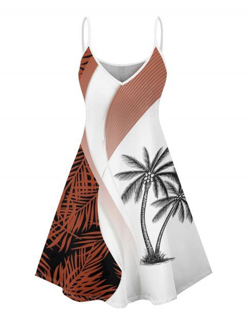 Robe de vacances à imprimé feuilles de cocotier colorblock, col en V, bretelles spaghetti, coupe trapèze