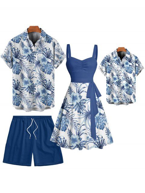 Family Outfits Holiday Hibiscus Print Dress for Women with Matching Shirts, Shorts and Shirts for Boys