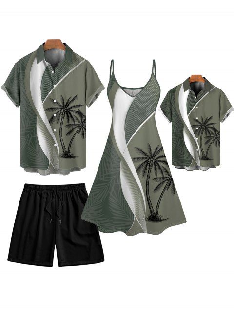 Holiday coconut palm print dress for women with matching shirts, shorts and shirts for boys Family Sets