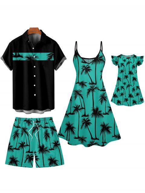Family Outfit Palm Tree Print Spaghetti Strap Dress and Shirt and Shorts Vacation Outfit