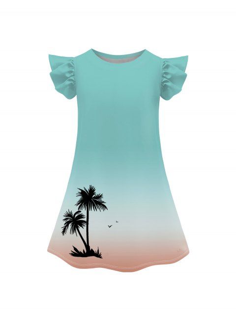 Girls Dress Ombre Coconut Tree Pattern Short Flutter Sleeve Dress Round Neck A Line Mini Vacation Kid Dress