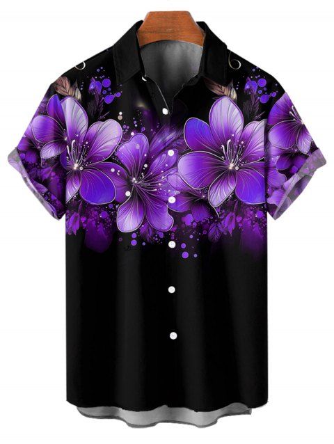 Chemise de vacances à pois et motif floral pour homme, manches retroussées, boutonnée, décontractée