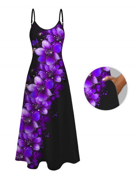 Robe de vacances à pois et motif floral, avec poches, bretelles spaghetti, coupe trapèze, décontractée